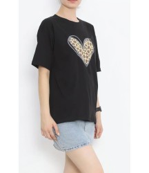 14 Şubat Sevgililer Günü Leopar Kalp Baskılı Oversize Bisiklet Yaka T-shirt - Siyah