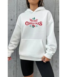 Yılbaşı Merry Christmas Baskılı Oversize Kapüşonlu Sweatshirt Hoodie - Beyaz