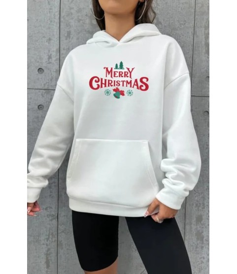 Yılbaşı Merry Christmas Baskılı Oversize Kapüşonlu Sweatshirt Hoodie - Beyaz Yılbaşı Merry Christmas Baskılı Oversize Kapüşonlu Sweatshirt Hoodie - Beyaz