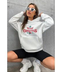 Yılbaşı Merry Christmas Baskılı Oversize Kapüşonlu Sweatshirt Hoodie - Beyaz