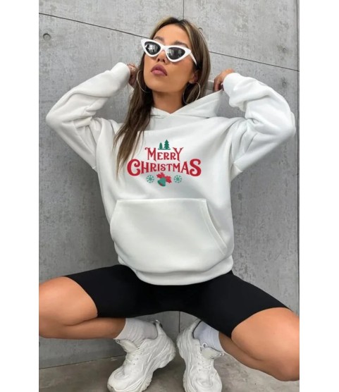 Yılbaşı Merry Christmas Baskılı Oversize Kapüşonlu Sweatshirt Hoodie - Beyaz Yılbaşı Merry Christmas Baskılı Oversize Kapüşonlu Sweatshirt Hoodie - Beyaz
