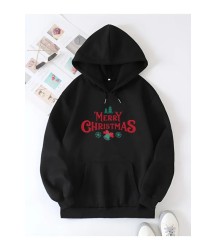 Yılbaşı Merry Christmas Baskılı Oversize Kapüşonlu Sweatshirt Hoodie - Siyah