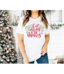 Yılbaşı Noel Baskılı Kısa Kollu Oversize Bisiklet Yaka T-shirt - Beyaz