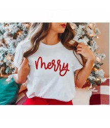 Yılbaşı Merry Christmas Baskılı Kısa Kollu Oversize Bisiklet Yaka T-shirt - Beyaz