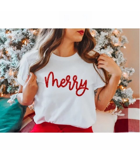 Yılbaşı Merry Christmas Baskılı Kısa Kollu Oversize Bisiklet Yaka T-shirt - Beyaz