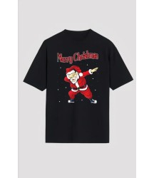 Yılbaşı Merry Christmas Noel Baba Baskılı Oversize Bisiklet Yaka T-shirt - Siyah