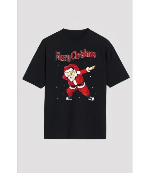 Yılbaşı Merry Christmas Noel Baba Baskılı Oversize Bisiklet Yaka T-shirt - Siyah