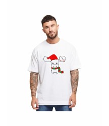 Yılbaşı Noel Ren Geyiği Baskılı Kısa Kollu Oversize Bisiklet Yaka T-shirt - Beyaz