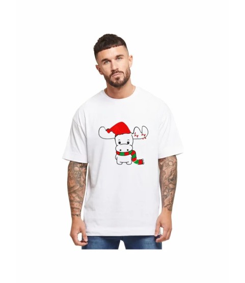 Yılbaşı Noel Ren Geyiği Baskılı Kısa Kollu Oversize Bisiklet Yaka T-shirt - Beyaz
