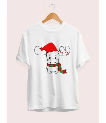 Yılbaşı Noel Ren Geyiği Baskılı Kısa Kollu Oversize Bisiklet Yaka T-shirt - Beyaz