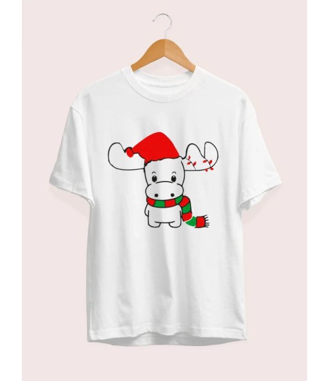 Yılbaşı Noel Ren Geyiği Baskılı Kısa Kollu Oversize Bisiklet Yaka T-shirt - Beyaz