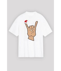 Yılbaşı Noel Başlıklı Serçe Parmak Baskılı Oversize Bisiklet Yaka T-shirt - Beyaz