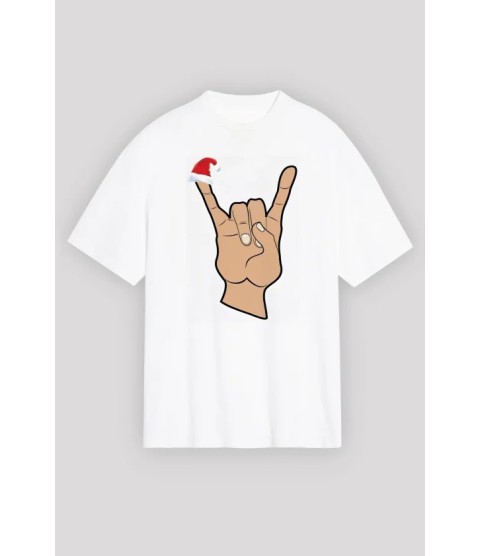 Yılbaşı Noel Başlıklı Serçe Parmak Baskılı Oversize Bisiklet Yaka T-shirt - Beyaz