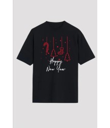 Yılbaşı Happy New Year Baskılı Kısa Kollu Oversize Bisiklet Yaka T-shirt - Siyah