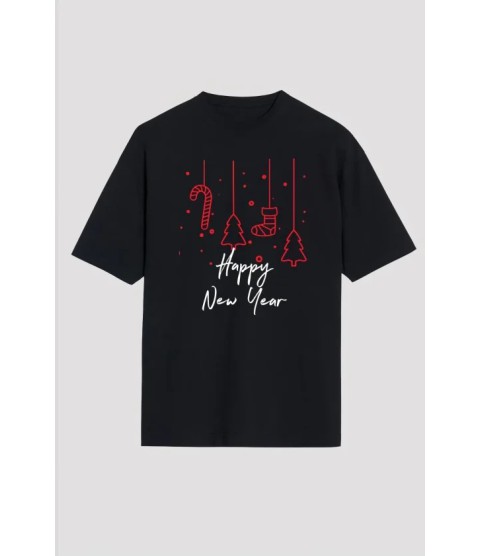Yılbaşı Happy New Year Baskılı Kısa Kollu Oversize Bisiklet Yaka T-shirt - Siyah