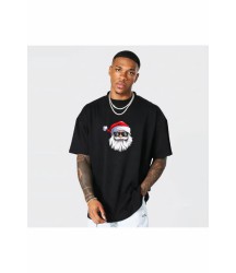 Yılbaşı Gözlüklü Noel Baba Baskılı Kısa Kollu Oversize Bisiklet Yaka T-shirt - Siyah