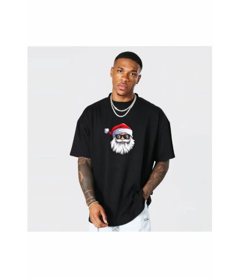 Yılbaşı Gözlüklü Noel Baba Baskılı Kısa Kollu Oversize Bisiklet Yaka T-shirt - Siyah