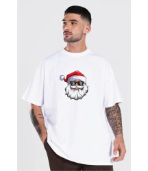 Yılbaşı Gözlüklü Noel Baba Baskılı Kısa Kollu Oversize Bisiklet Yaka T-shirt - Beyaz