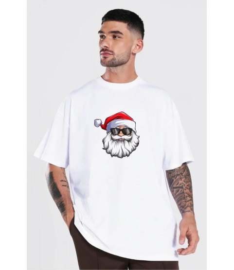 Yılbaşı Gözlüklü Noel Baba Baskılı Kısa Kollu Oversize Bisiklet Yaka T-shirt - Beyaz