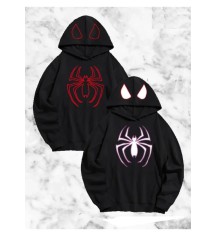 Sevgili Çift Kombini Örümcek Baskılı Kapüşonlu Sweatshirt Hoodie - Siyah