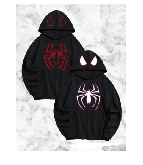 Sevgili Çift Kombini Örümcek Baskılı Kapüşonlu Sweatshirt Hoodie - Siyah