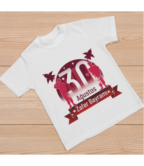 Ağustos Zafer Bayramı Atatürk Baskılı Kısa Kollu Bisiklet Yaka T-shirt - Beyaz