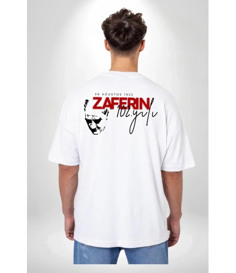 30 Ağustos Zafer Bayramı Ön Arka Baskılı Oversize Bisiklet Yaka T-shirt - Beyaz