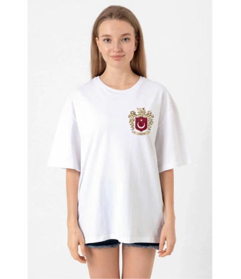 Türk Arma Baskılı Oversize Bisiklet Yaka Günlük T-shirt - Beyaz