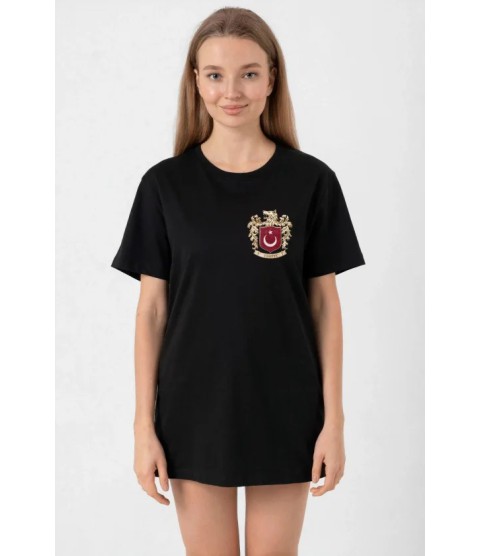 Türk Arma Baskılı Oversize Bisiklet Yaka Günlük T-shirt - Siyah
