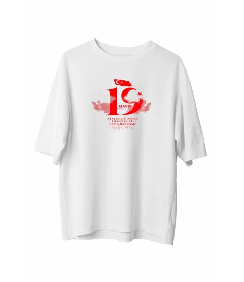 19 Mayıs Atatürk Temalı Gençlik Ve Spor Bayramı Bisiklet Yaka T-shirt - Beyaz