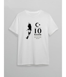 10 Kasım Atatürk Anma Günü Silüet Baskılı Oversize Bisiklet Yaka T-shirt - Beyaz