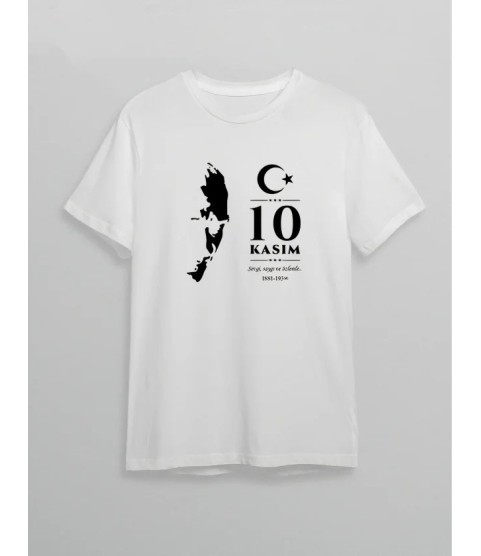 10 Kasım Atatürk Anma Günü Silüet Baskılı Oversize Bisiklet Yaka T-shirt - Beyaz
