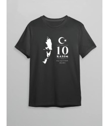 10 Kasım Atatürk Anma Günü Silüet Baskılı Oversize Bisiklet Yaka T-shirt - Siyah