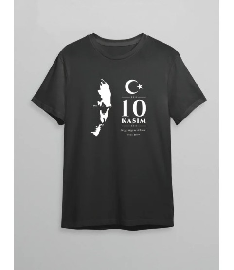 10 Kasım Atatürk Anma Günü Silüet Baskılı Oversize Bisiklet Yaka T-shirt - Siyah