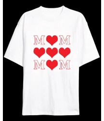 Anneler Günü Hediye MOM Kalp Baskılı Oversize Bisiklet Yaka T-shirt - Beyaz