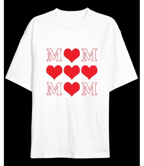 Anneler Günü Hediye MOM Kalp Baskılı Oversize Bisiklet Yaka T-shirt - Beyaz