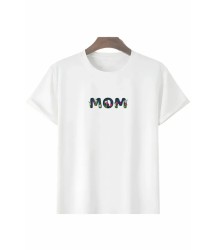 Anneler Günü Hediye Mom Çiçek Baskılı Oversize Bisiklet Yaka T-shirt - Beyaz
