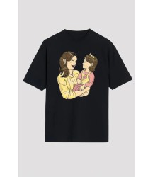 Anneler Günü Hediye Anne Kız Temalı Baskılı Oversize Bisiklet Yaka T-shirt - Siyah