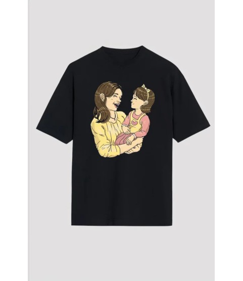 Anneler Günü Hediye Anne Kız Temalı Baskılı Oversize Bisiklet Yaka T-shirt - Siyah