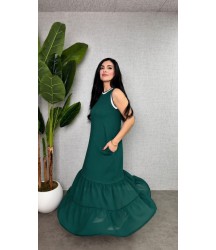 Kadın Askılı Yuvarlak Yakalı Etek Ucu şifon Detaylı Uzun Viskon Iki Iplik Elbise