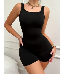Kadın Kare Yaka Sırt Dekolte Detay Dalgıç Bodycon Mini Tulum