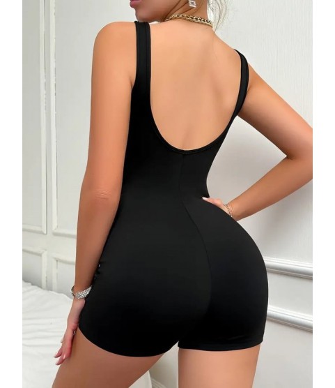 Kadın Kare Yaka Sırt Dekolte Detay Dalgıç Bodycon Mini Tulum