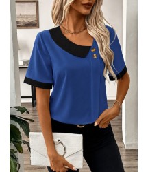 Kadın Kısa Kollu Asımetrik Yaka Detaylı Düğmeli Dubai Bluz