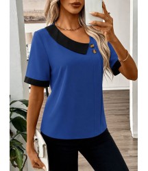 Kadın Kısa Kollu Asımetrik Yaka Detaylı Düğmeli Dubai Bluz