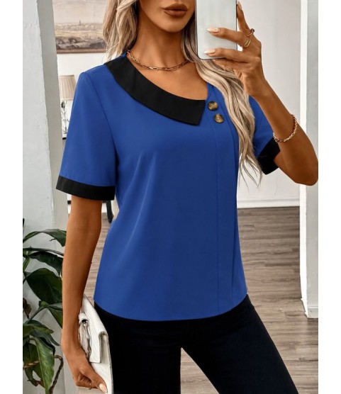 Kadın Kısa Kollu Asımetrik Yaka Detaylı Düğmeli Dubai Bluz