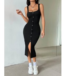 Kadın Askılı Kare Yakalı önden Düğmeli Midi Kaşkorse Elbise