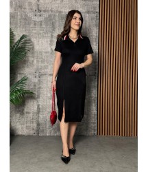 Kadın Kısa Kollu Yakalı Yırtmaçlı Midi Viskon Iki Iplik Elbise