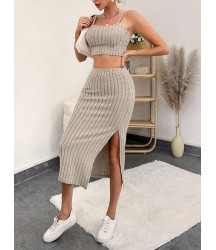 Kadın Kolsuz Askılı Crop Yırtmaçlı Midi Etek Fitilli Kaşkorse Takım