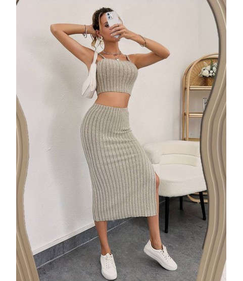 Kadın Kolsuz Askılı Crop Yırtmaçlı Midi Etek Fitilli Kaşkorse Takım Kadın Kolsuz Askılı Crop Yırtmaçlı Midi Etek Fitilli Kaşkorse Takım