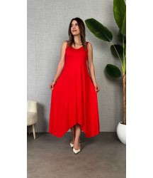 Kadın Askılı V Yakalı Halka Detaylı Asimetrik Kesim Detaylı Viskon Maxi Elbise